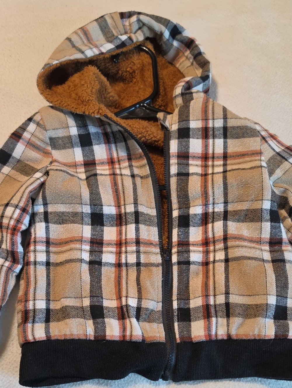 SHEIN Sz 4Y Plaid Hooded Jacket with Fleece Lining - Tan/Black EUC #2614